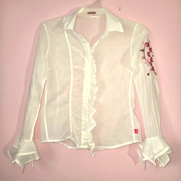 Escada White Ruffled Women's Button-up Top, Size XS, 100% cotton - Picture 1 of 9
